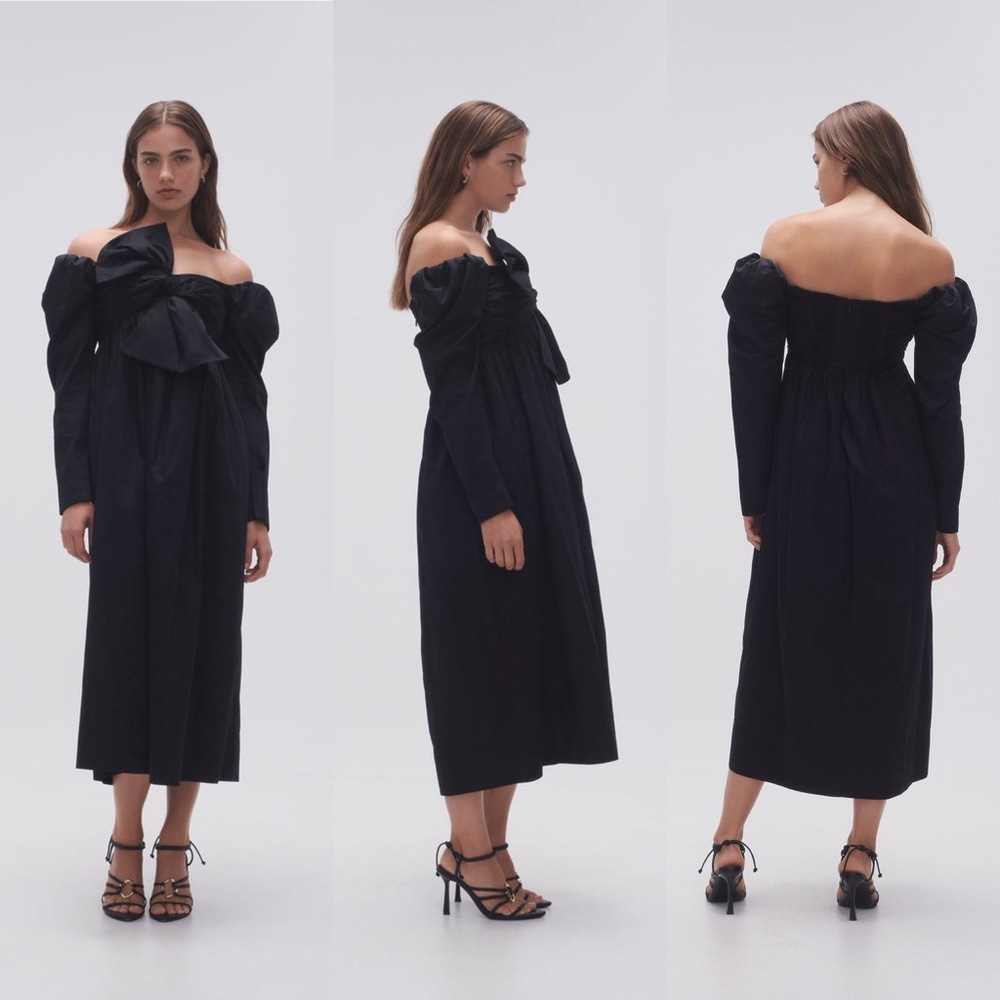 NWT Aje Black Valentina Cotton Poplin Bow-Tie Midi Dress Size XS (6 AU)